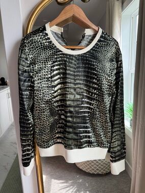 Reed Krakoff Black and Cream Croc-Embossed Long Sleeve Top